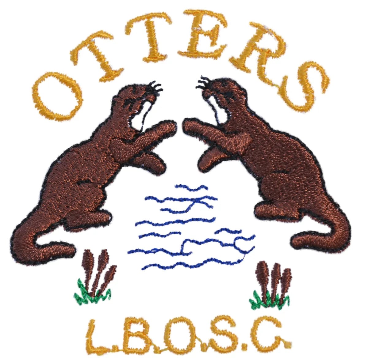 Sewn on patch logo depicting two otters for the Leighton Buzzard Otters Swimming Club