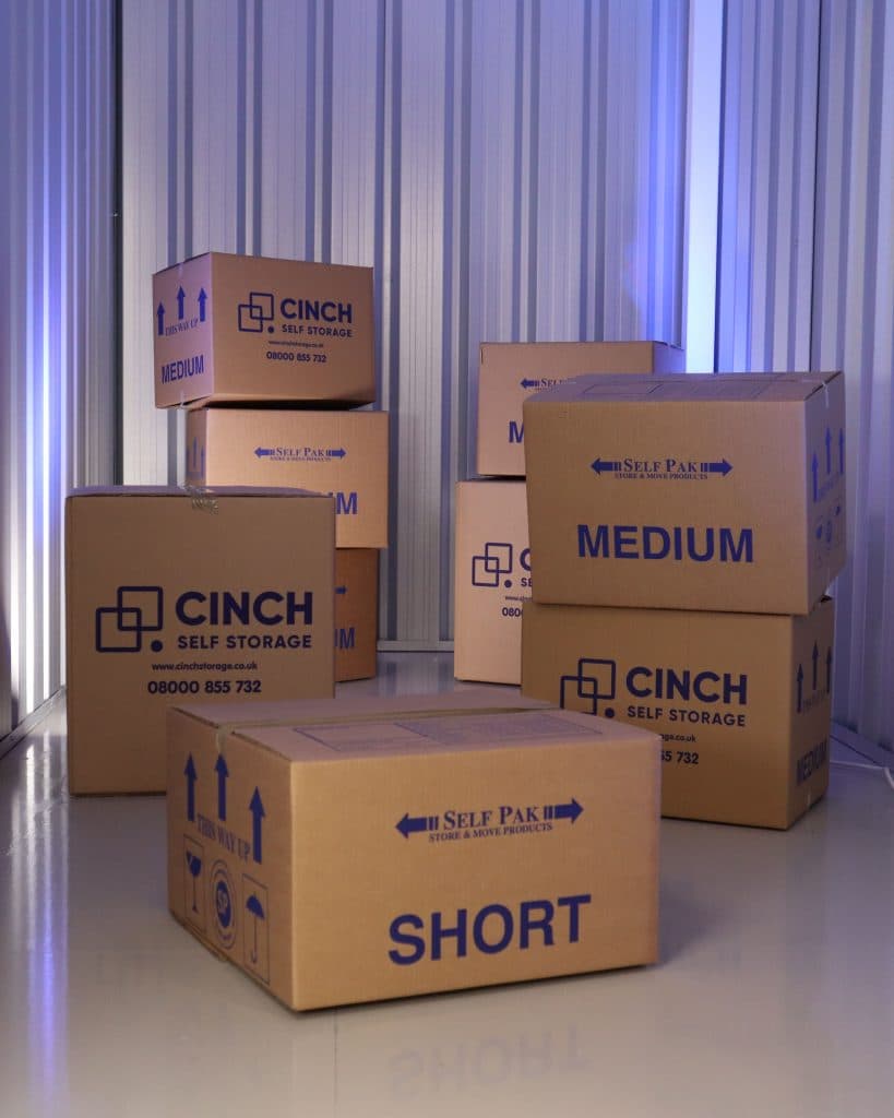 A variety of box sizes stacked inside a cost effective storage unit