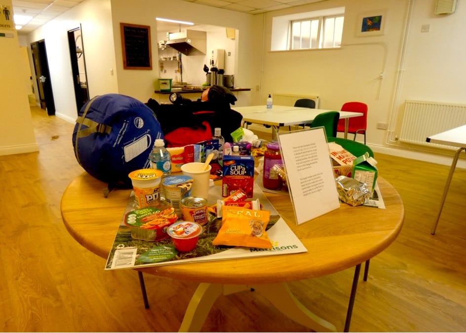 Donated foodstuffs and shelter provisions arranged on a table