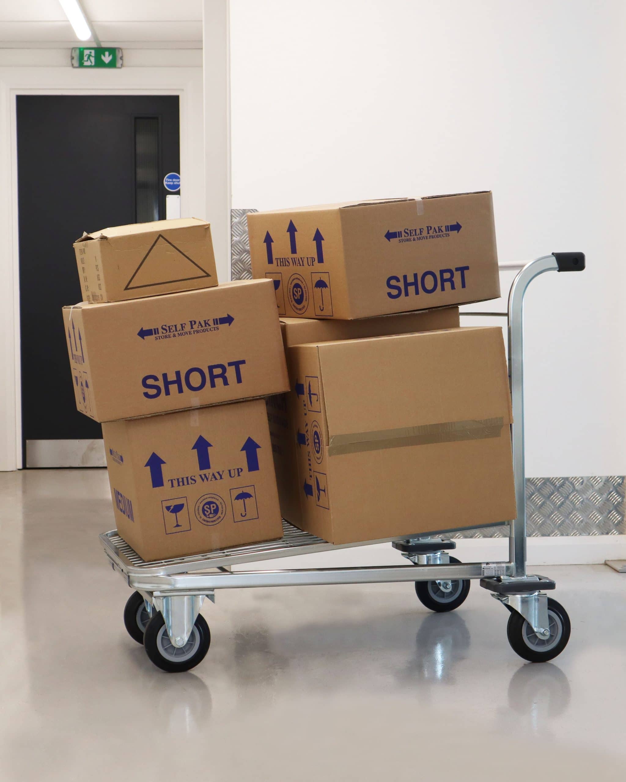 Short storage boxes on trolley