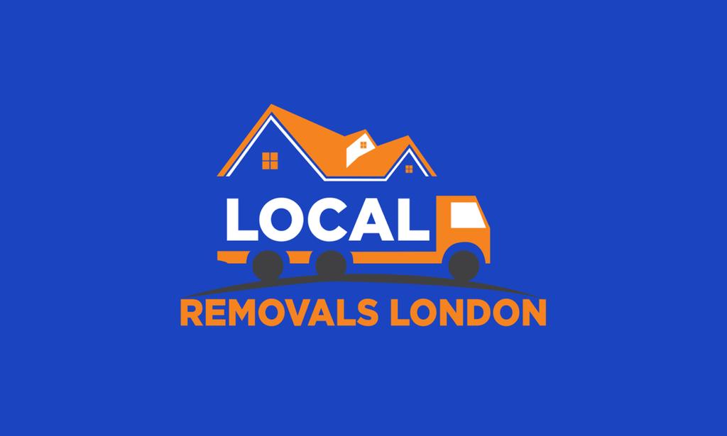 An orange house on the back of an orange truck with the word LOCAL inside, and the words REMOVALS LONDON beneath.