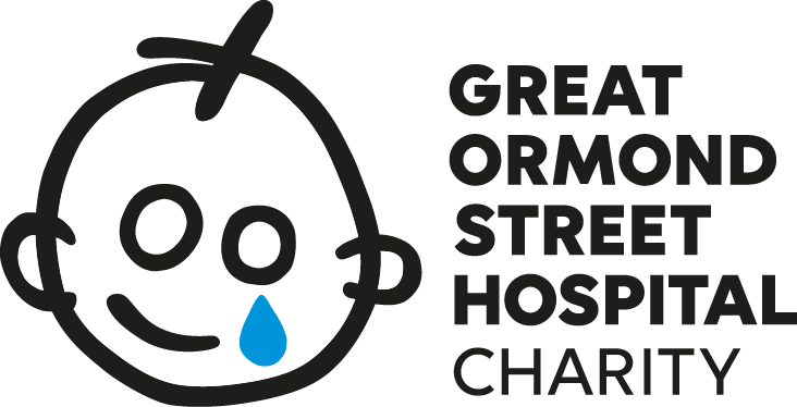 Line drawing of a smiley face drawn in a childlike fashion, with a teardrop rolling down the cheek, next to the words Great Ormond Street Hospital Charity.
