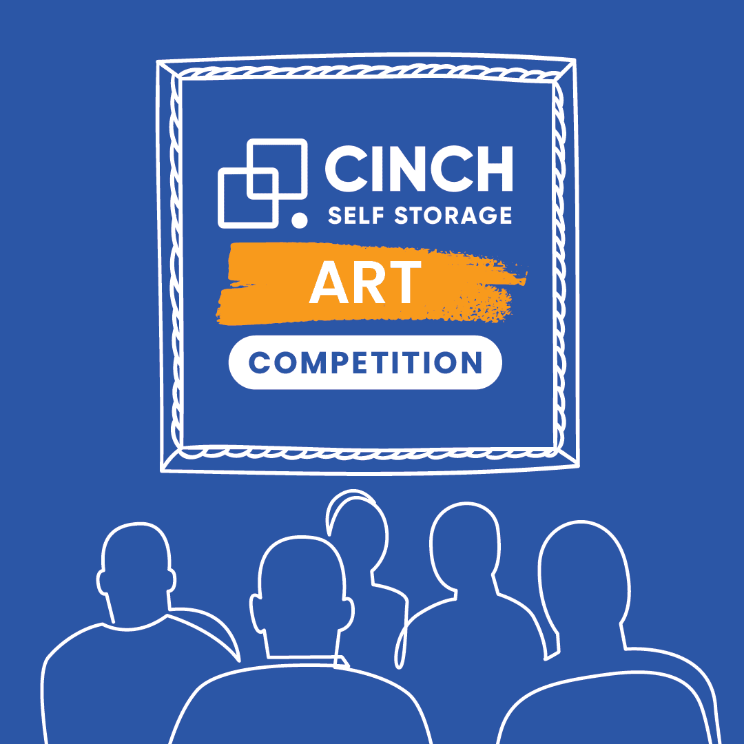 white line drawing of silhouettes facing a white line drawing frame with the Cinch Self Storage Art Competition logo inside