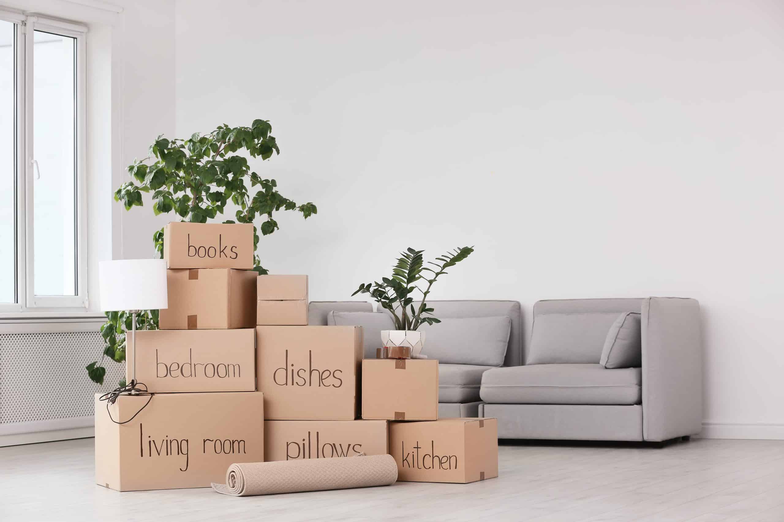 Labelled moving boxes piled up in house Ely