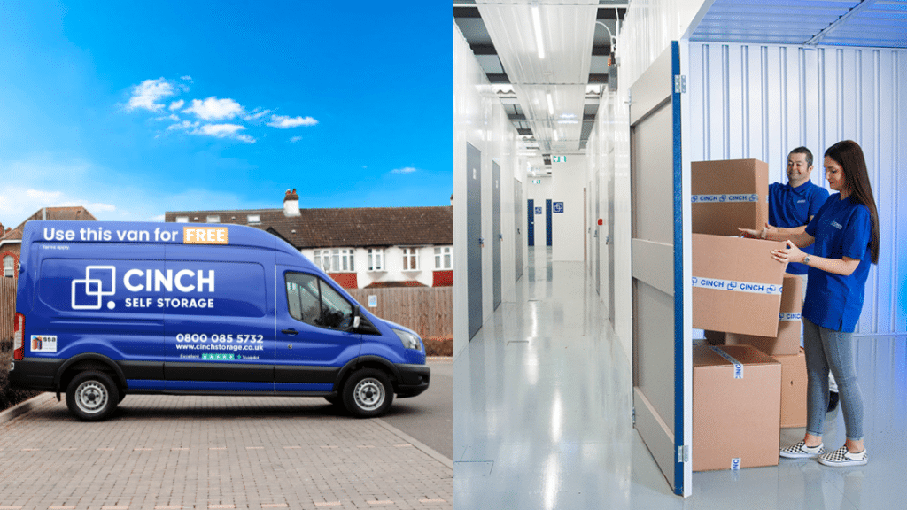 Storage in Newbury - image shows Cinch Storage Van and storage units with two people stacking boxes in storage unit 