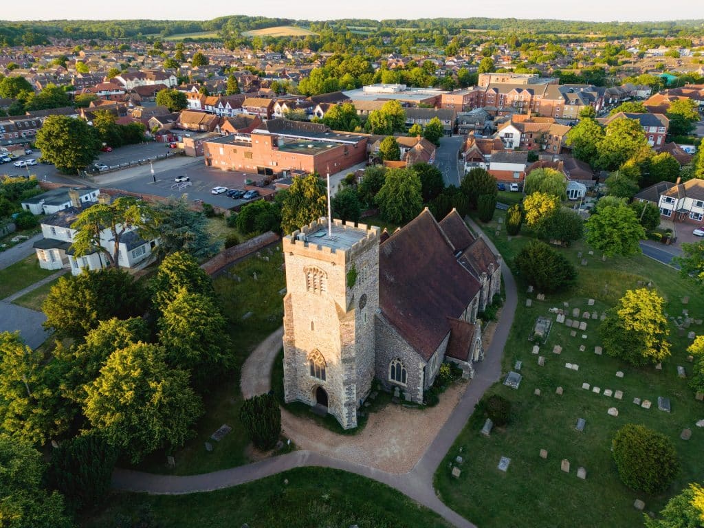 Self storage in Thatcham - image shows an aerial view of St Marys Church and the surrounding town 
