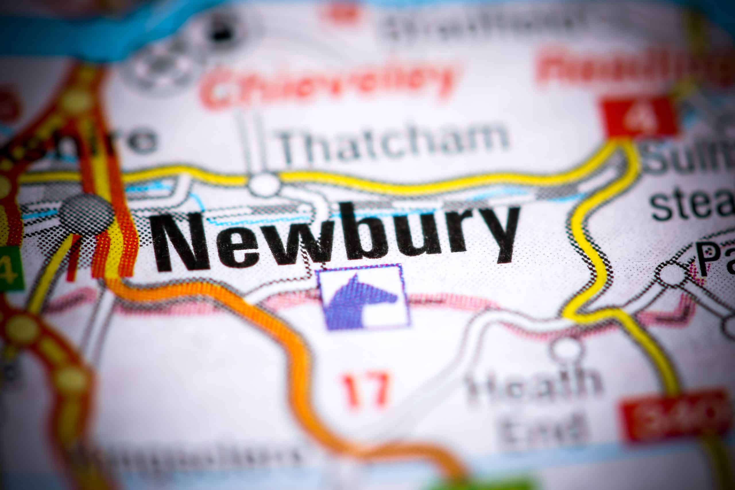 Moving to the historical market town of Newbury? Our Cinch Storage Newbury will be able to help. Image shows a map with Newbury in bold black writing and other surrounding towns.