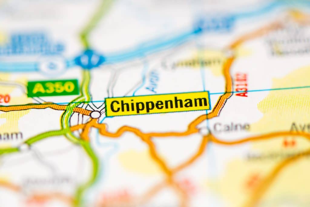 Community spirit: how using our storage unit Chippenham makes you part of a community. Image shows a map with Chippenham highlighted in bold black writing with surrounding roads and towns.