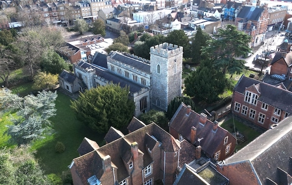 Things to do in Enfield. Image shows an aerial view of St Andrew's Church in Enfield Town North London