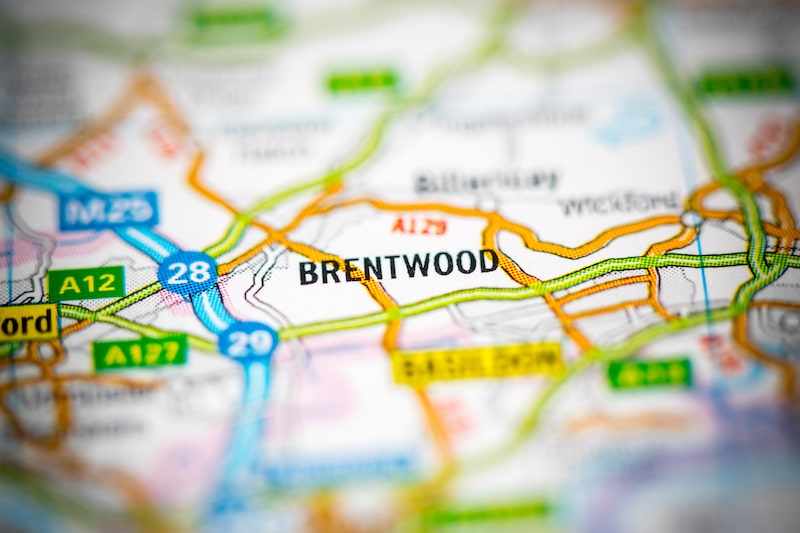 Things to do in Brentwood. Image shows a blurred out map with Brentwood in the centre in black writing. 