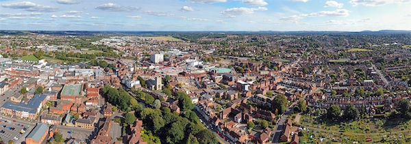 Things to do in Newbury. Image shows an aerial view of Newbury Town in Berkshire