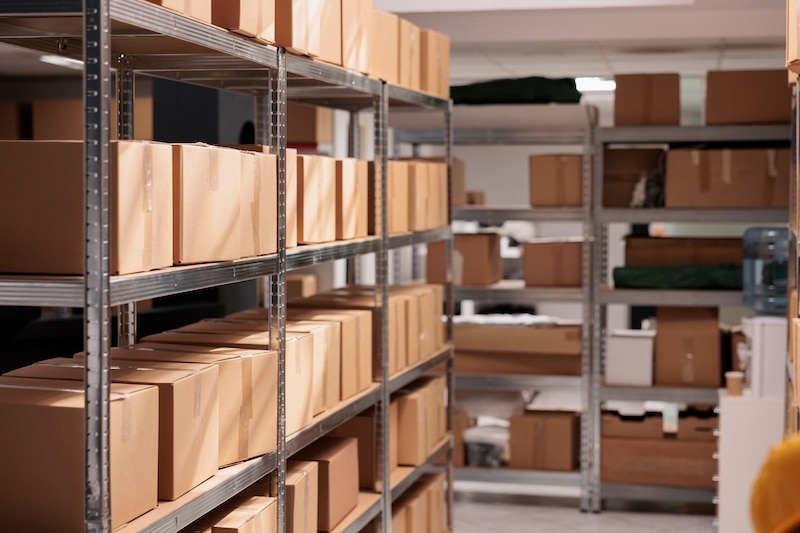 Storage Woking. Image shows boxes stacked on shelving. 