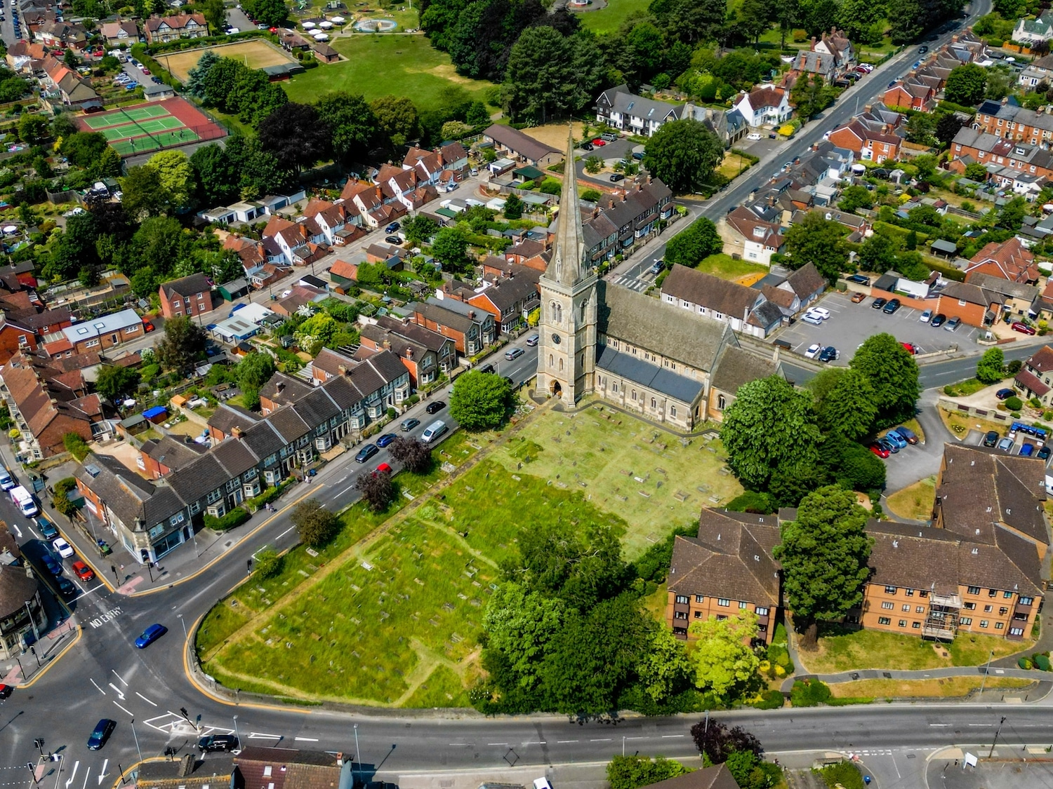 5 Things to do in Chippenham. Image shows an aerial view of St Pauls Church, Chippenham, Wiltshire, UK