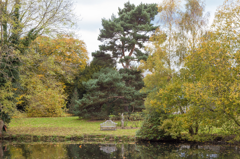 Discover the very best of Sidcup. Image shows a single bench by the lake surrounded by Autumn trees