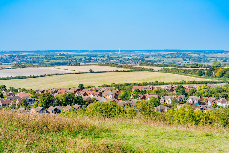 Discover the best of Dunstable. Image shows a view of the English countryside from Dunstable Downs in the Chiltern Hills, Bedfordshire, UK