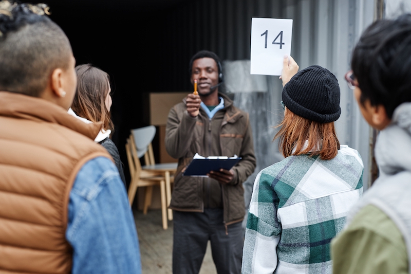 What are storage auctions? Image shows the back view of young woman holding number card bidding on container at outdoor auction in a storage unit. With a man holding a clipboard and pointing with a pencil.