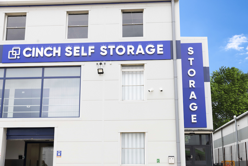 St Ives Storage. Image shows exterior signage on Cinch Self Storage facility.