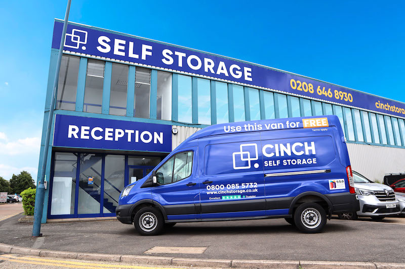 Storage facilities in Sittingbourne. Image shows exterior of a Cinch self storage facility with the Cinch Self Storage blue van parked outside.