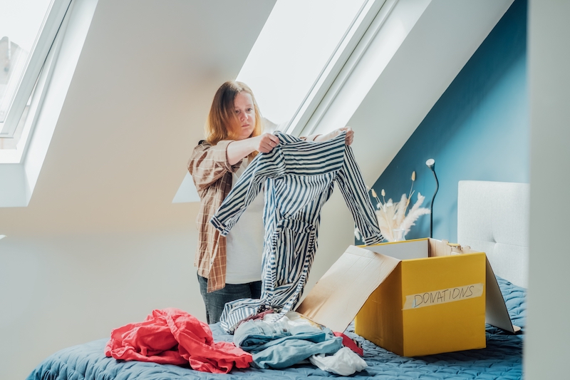 Storage Rooms Seaford. Image shows a woman holding up a dress and decluttering her wardrobe ready to put unwanted clothes in the donations box on her bed.