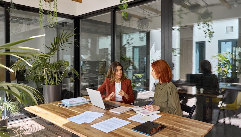 Office space to rent Newmarket. Image shows two women discussing in a meeting. In an light office with large windows and green indoor plants.