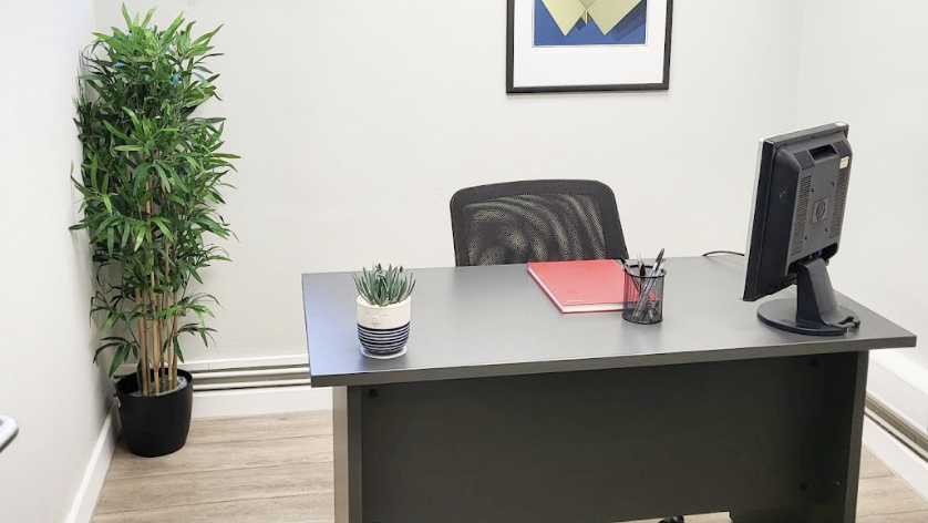 Brentwood office space. Image shows a flexi office interior with a desk and plant in the corner.