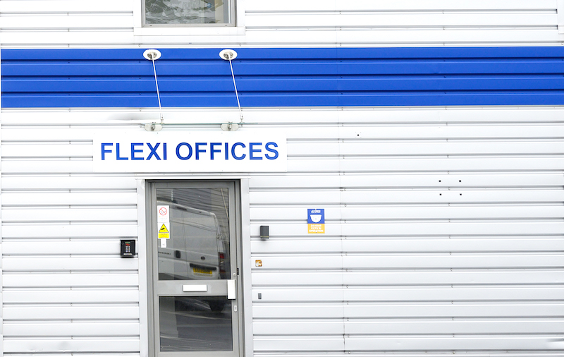 Offices in Chippenham. Image shows flexi office sign outside a Cinch Self Storage facility. 