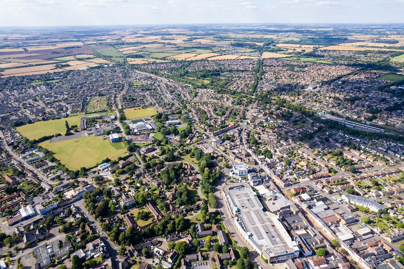 Best storage in Bicester. Image shows an aerial view of Bicester Village and Bicester town centre.