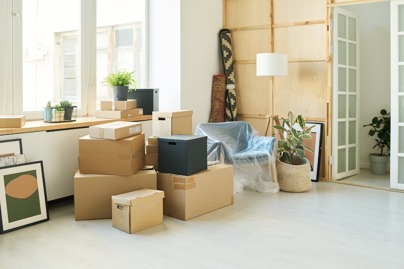 Cheapest ways to move house. Image shows a stack of boxes, pictures, green domestic plants and armchair standing by large window of living room