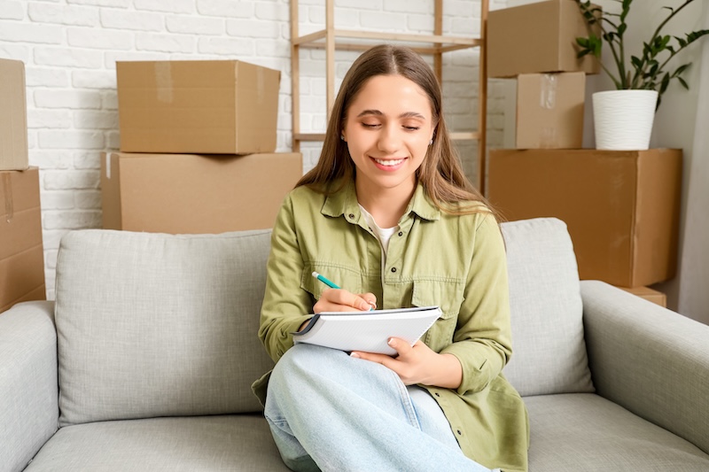 Moving day essentials. Image shows a young woman making checklist in room on moving day