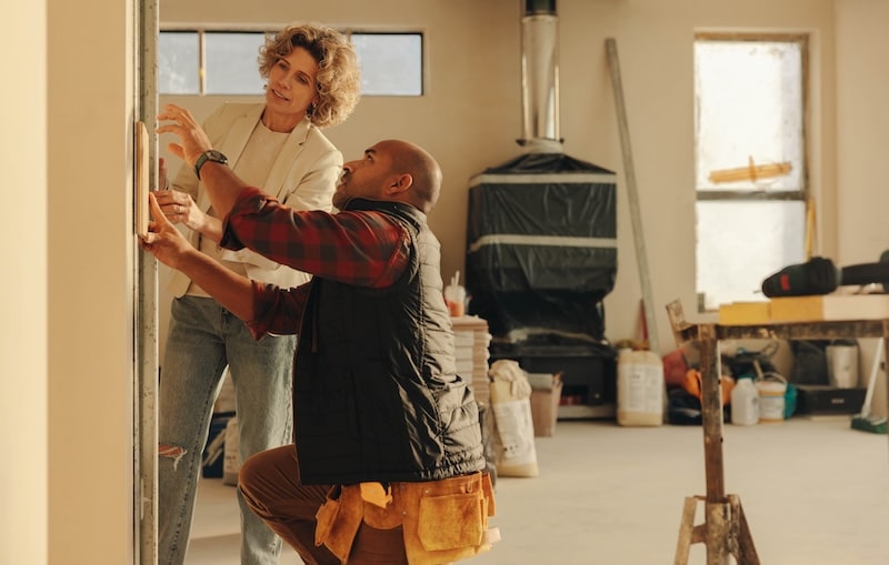 Storage facilities in Newmarket. Image shows a builder and a woman discussing tiling in a part-renovated kitchen.
