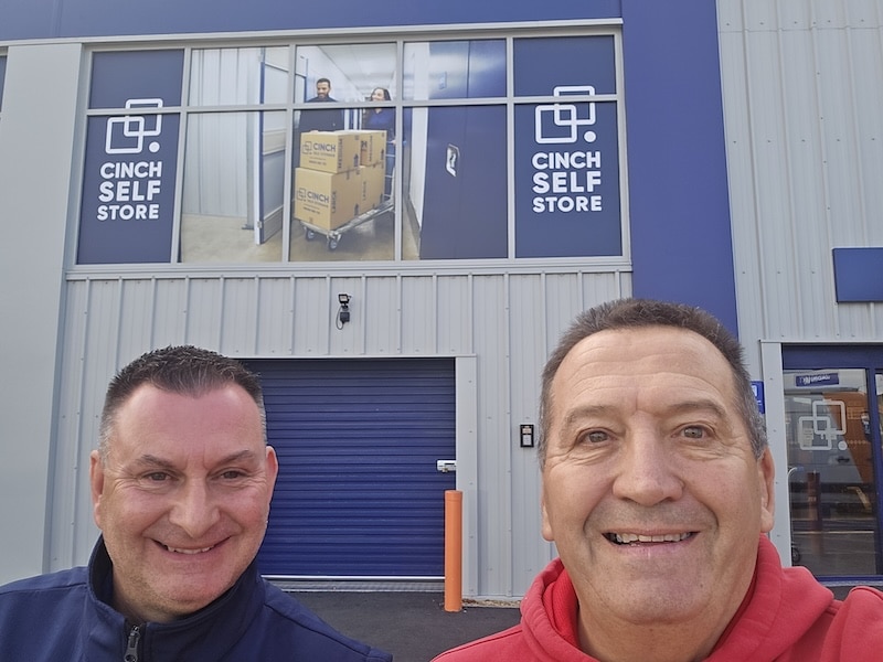 The 3 pillars case study. Image shows founder of the 3 pillars with a Dunstable Cinch Self Storage manager.