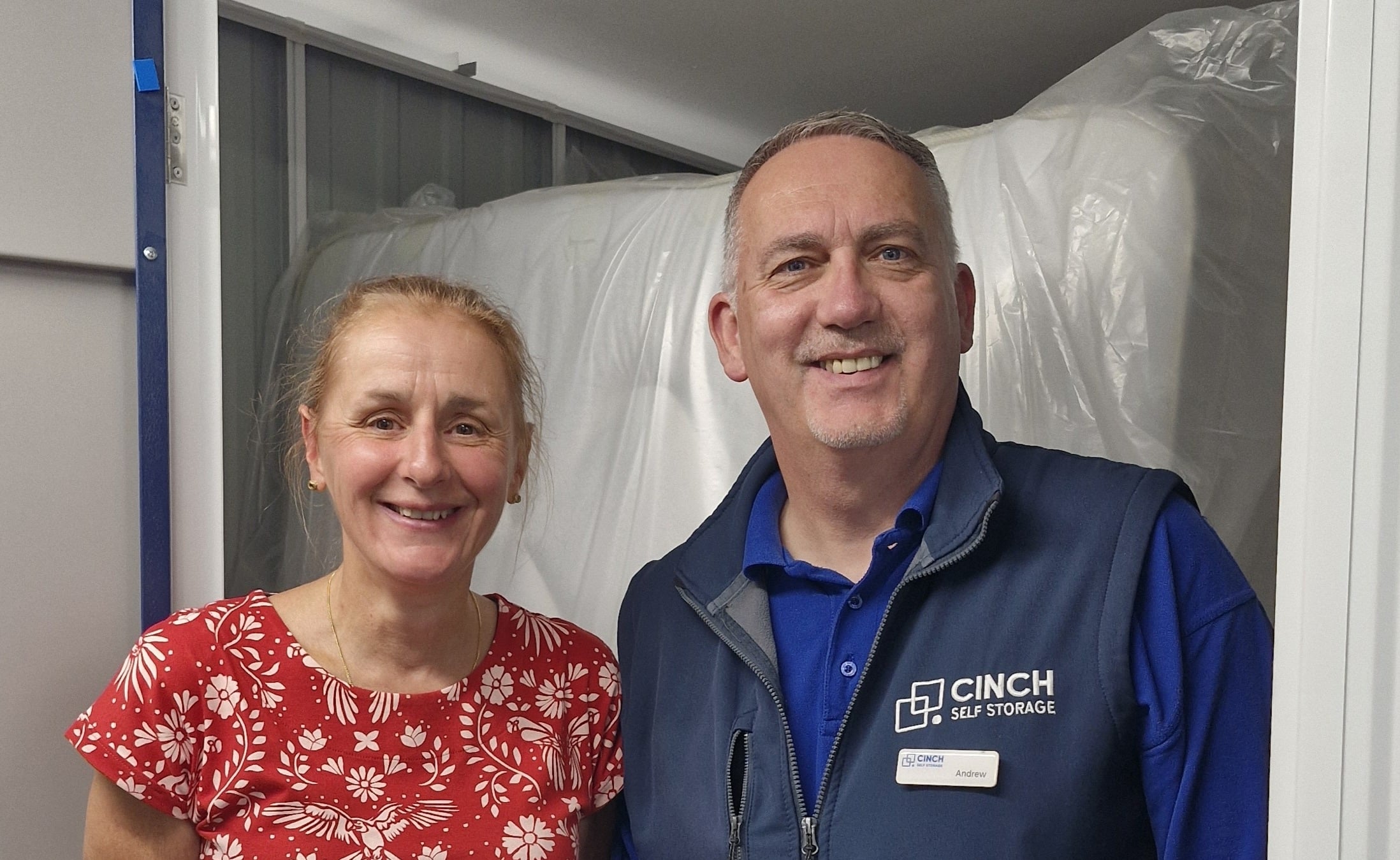 Waste not want not. Image shows charity manager Annalisa and Cinch Storage Chippenham manager Andrew infront of the storage unit. 